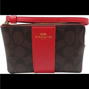 COACH Leather Corner Zip Wristlet in Brown/True Red
